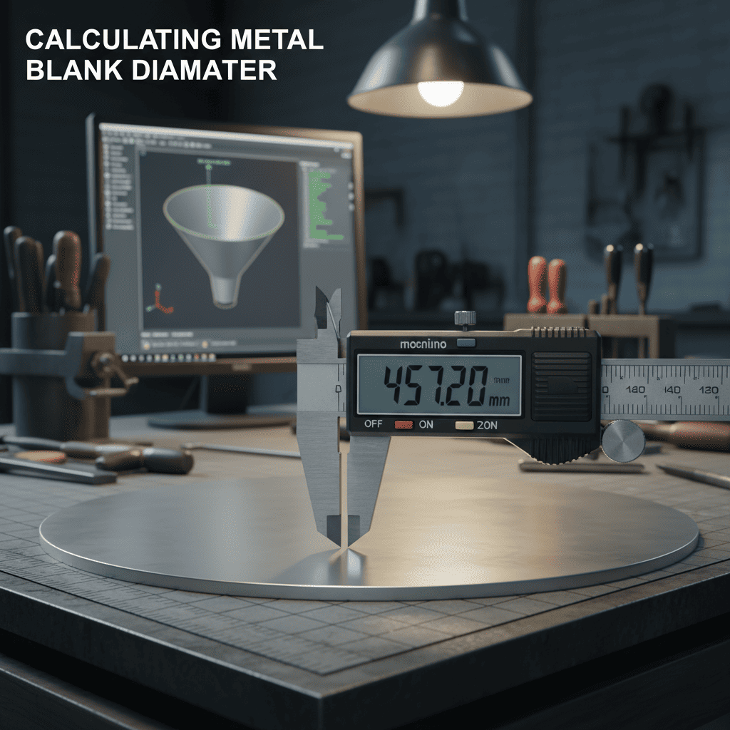 A caliper measuring a flat circular metal blank before the spinning process.